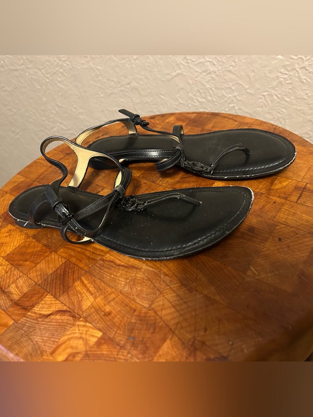 Michael Kors Black Leather Thong Sandals with Gold Accents